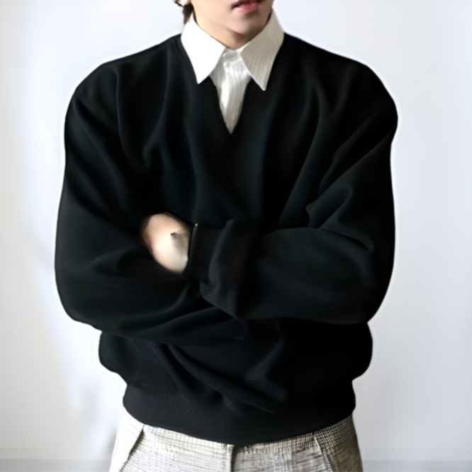 黒のフェイクツーピースシャツカラースウェットシャツ（メンズ）