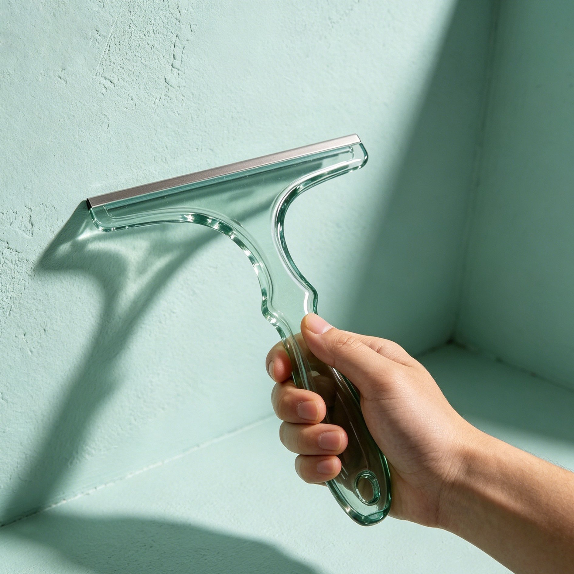 Hand holding squeegee cleaning a window