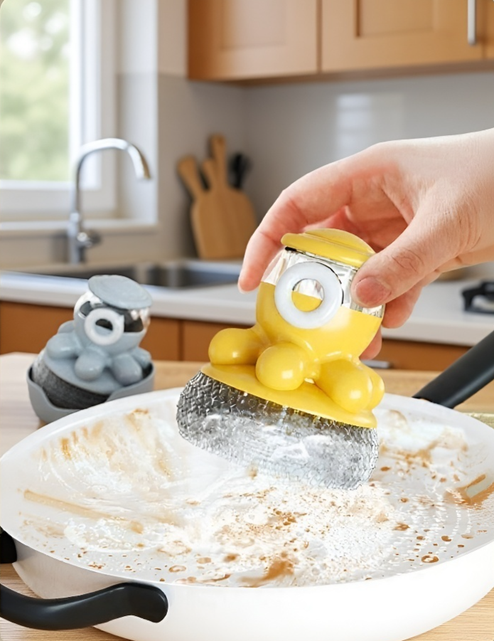 Prezentacja szczotki z dozownikiem płynu w kuchni