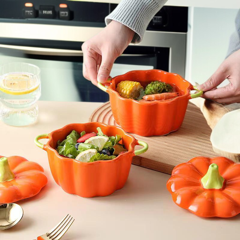 Calabaza con tapa y dos asas, cuenco de cerámica para sopa y arroz, color bajo vidriado