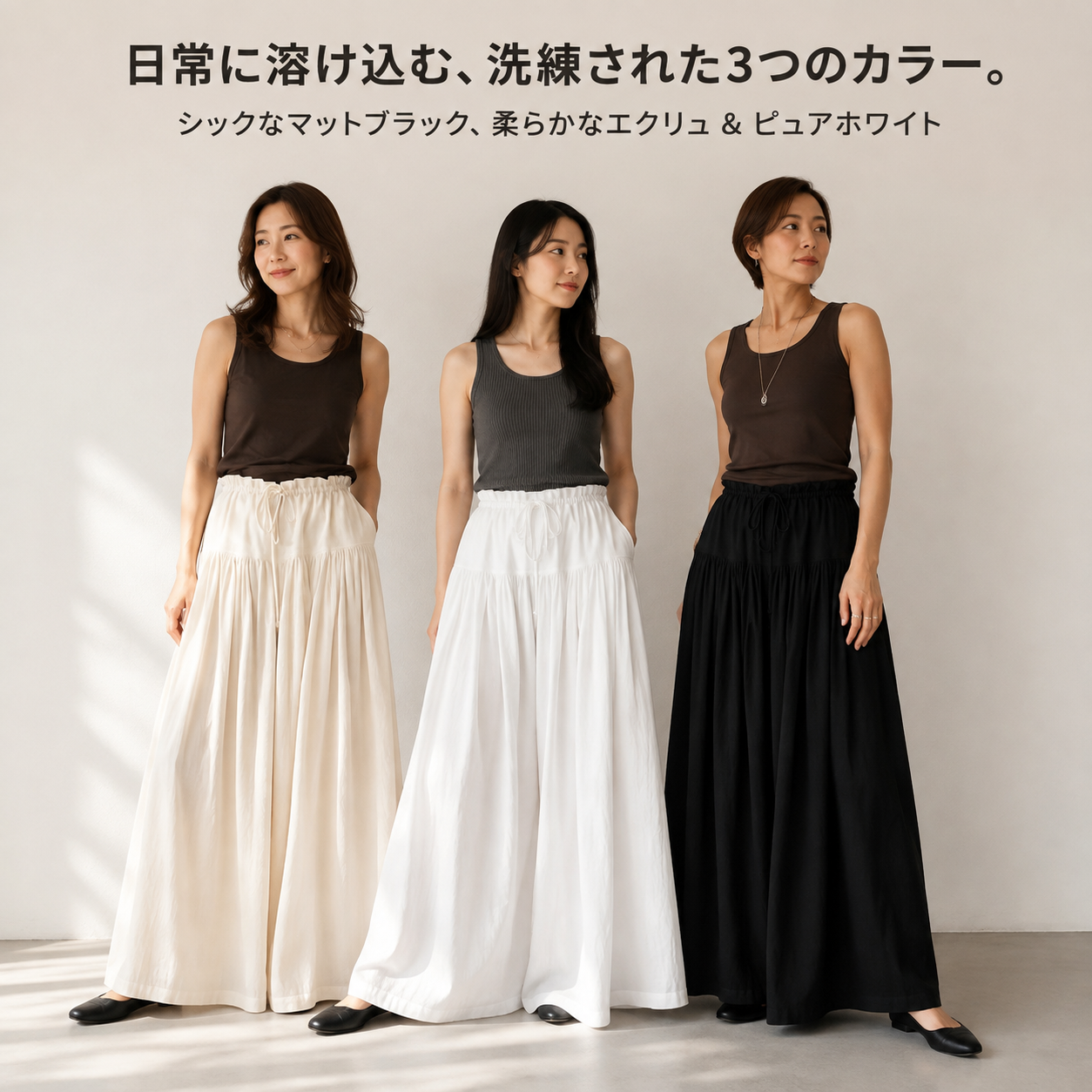 日系ルーズハイウエストリボンワイドスカンツ
