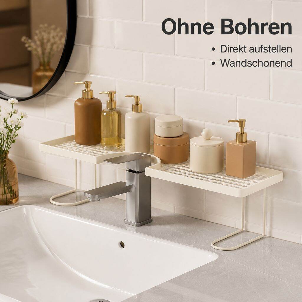 Abtropfgestell für Waschbeckenarmatur und Toilettenartikel