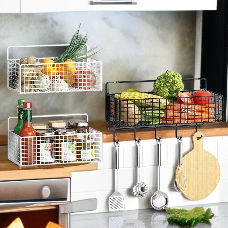 رف تخزين معلق للبصل والثوم والزنجبيل، سلة خضروات على الحائط، منظم توابل بدون تثقيب