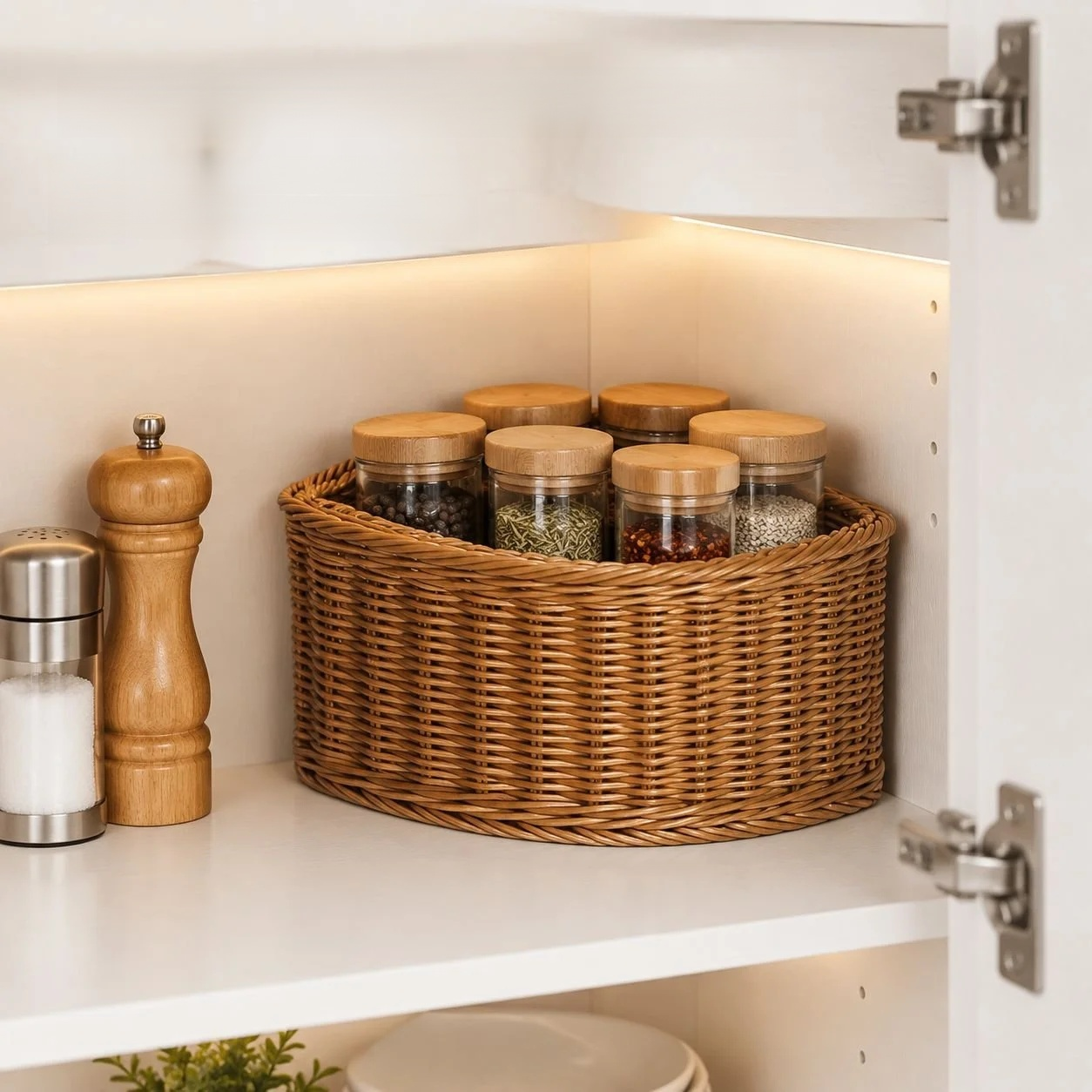 Corner storage basket organized with spices and kitchen essentials.