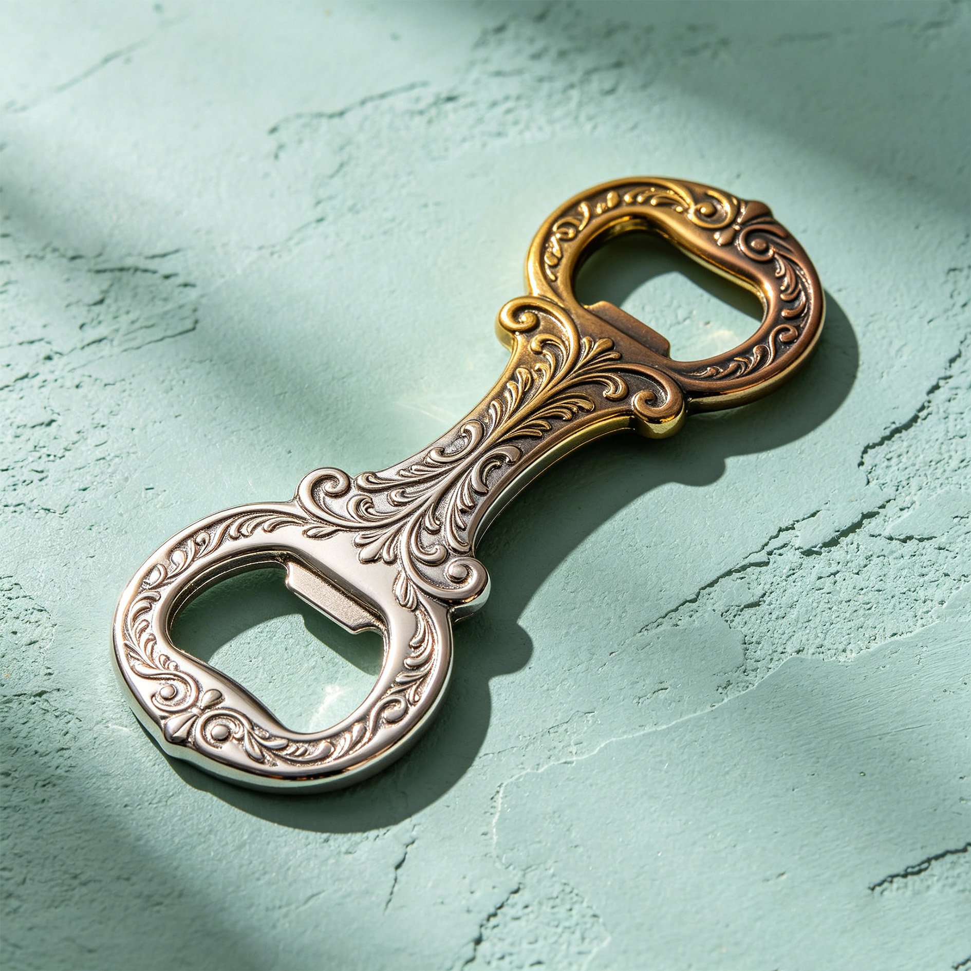 Close-up of engraved design on metal bottle opener