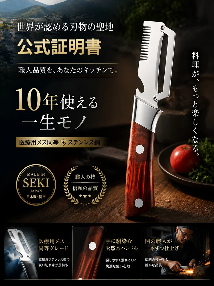 医療グレードステンレス採用｜驚きの切れ味・多機能ピーラー（皮むき＆千切り対応）