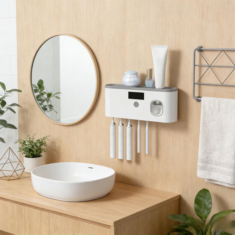 Wall-Mounted Punch-Free UV Toothbrush Sterilizer Rack, Multifunctional Bathroom Organizer