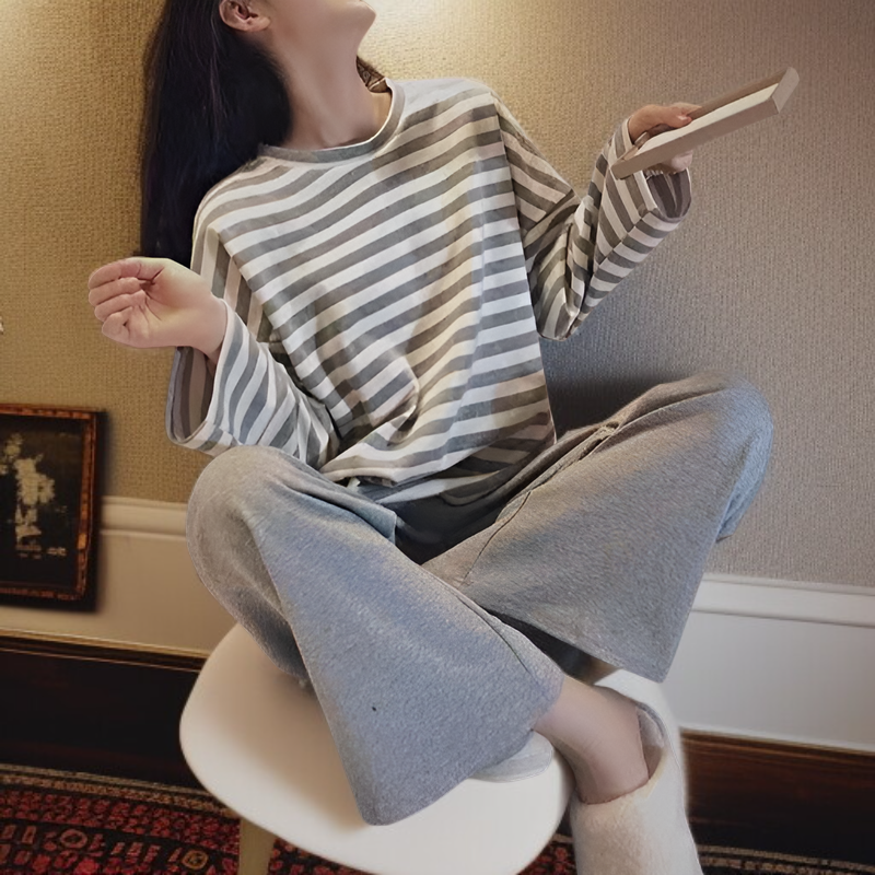 シンプル丸首長袖レディースルームウェアストライプセット