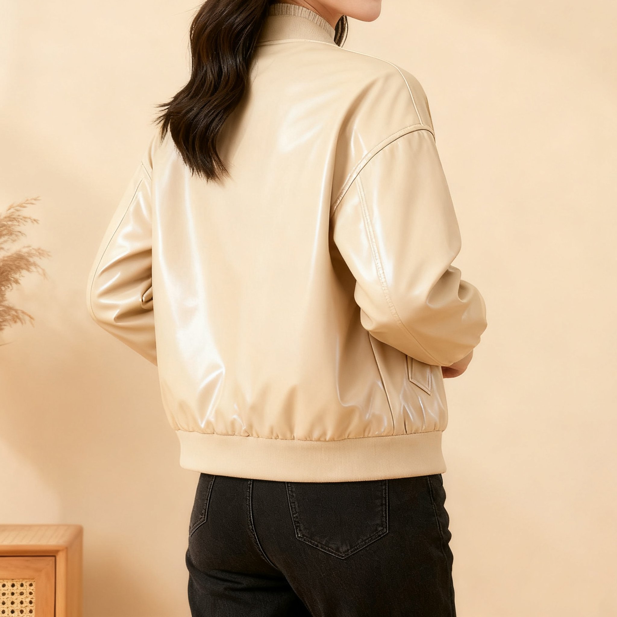 여성 모델이 착용한 베이지 항공 재킷