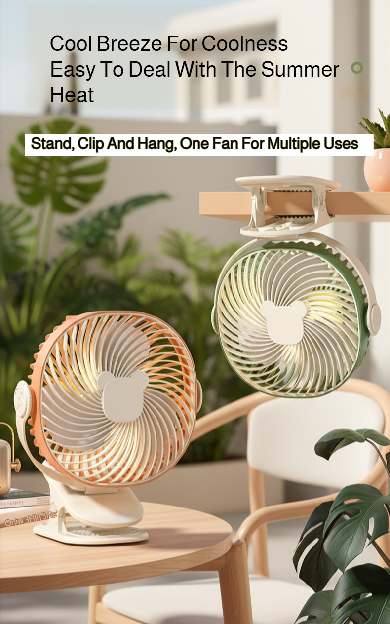 Side view of rechargeable clip fan showing adjustable head