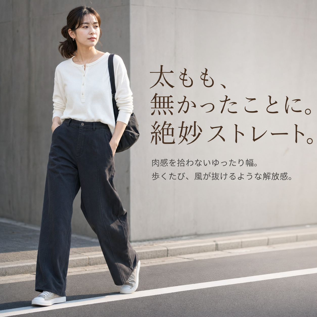 小柄女性用 九分丈ストレートワイドワークパンツ ゆったり細見えカジュアルパンツ