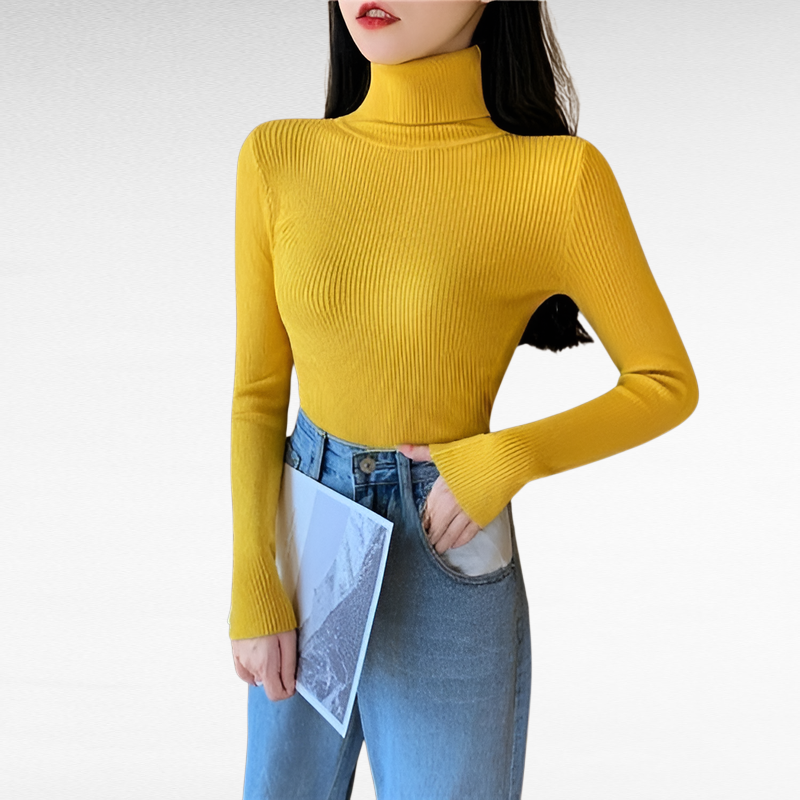 بلوفر نسائي بياقة عالية ضيق مناسب للخريف والشتاء بأكمام طويلة