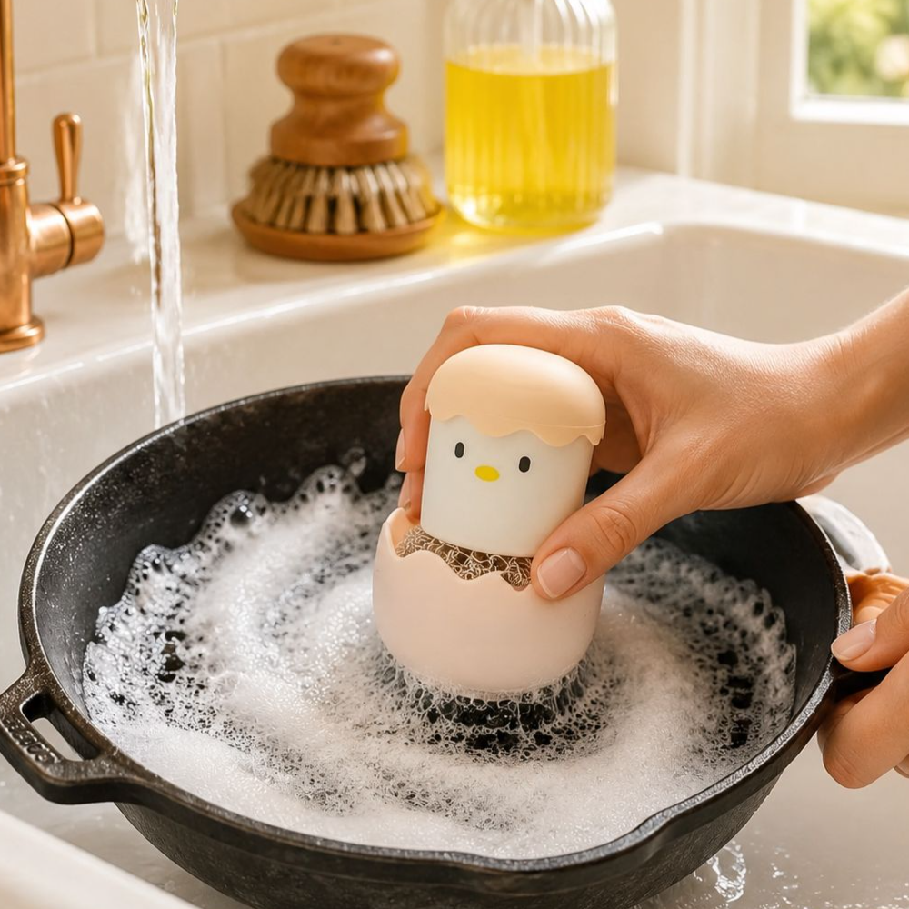 Brosse de cuisine en forme de coquille d'œuf, boule en acier inoxydable, ne s'effiloche pas