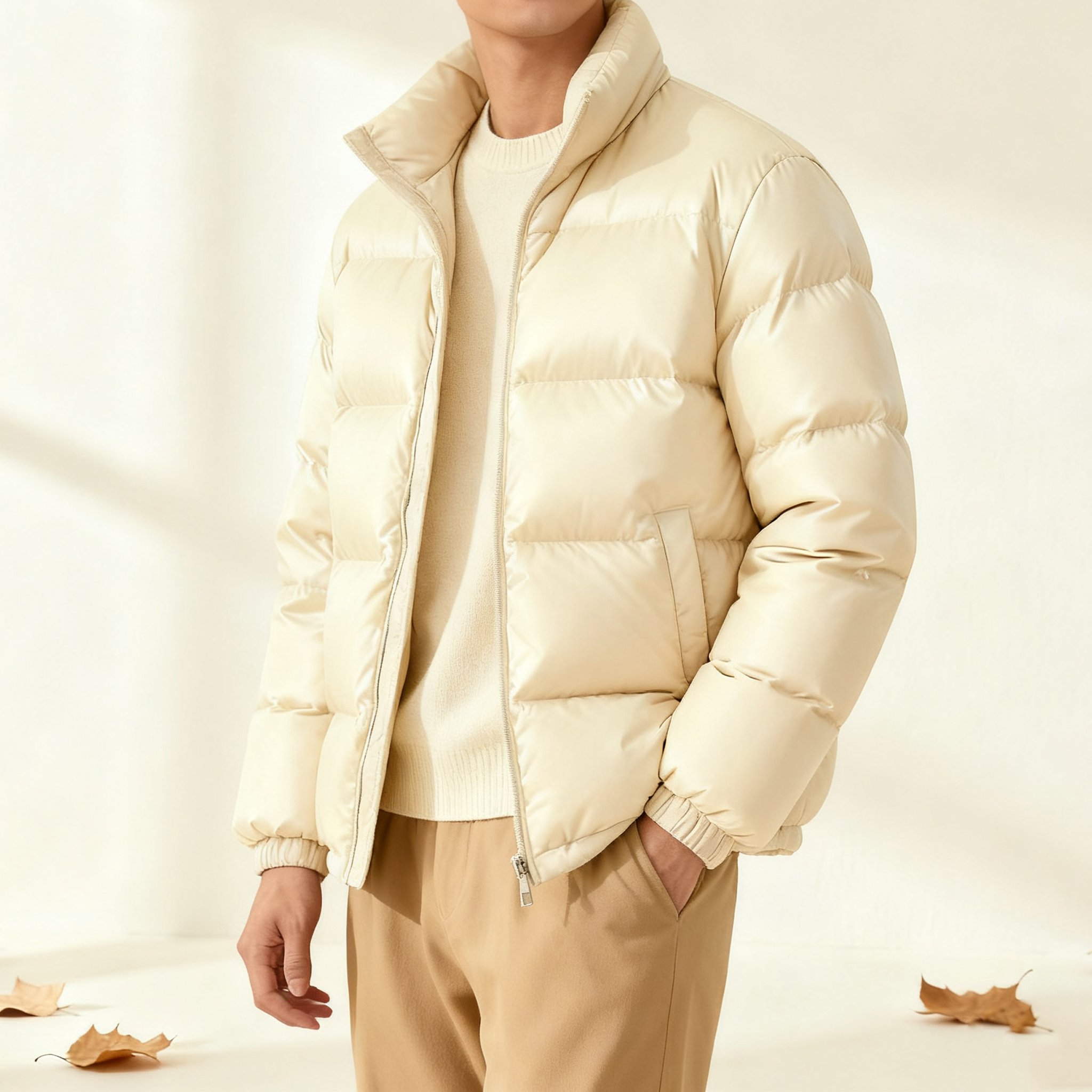 남성 베이지 기본형 숏 패딩 점퍼 앞면 착용샷