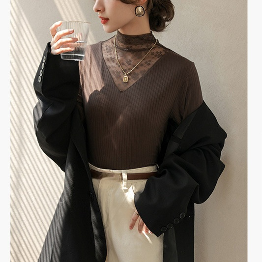 여성 니트 레깅스 봄가을 휴가 투피스 이너 레깅스 여 긴팔 상의 망사 레이스 슬림 레깅스