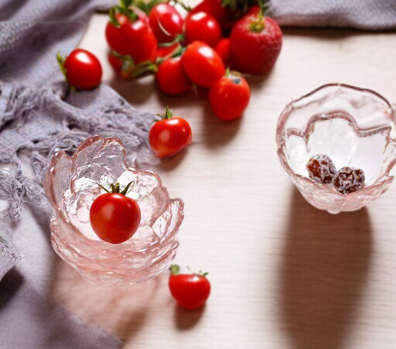 분홍색 금테 높은 용모치 유리 작은 접시 전체 모습