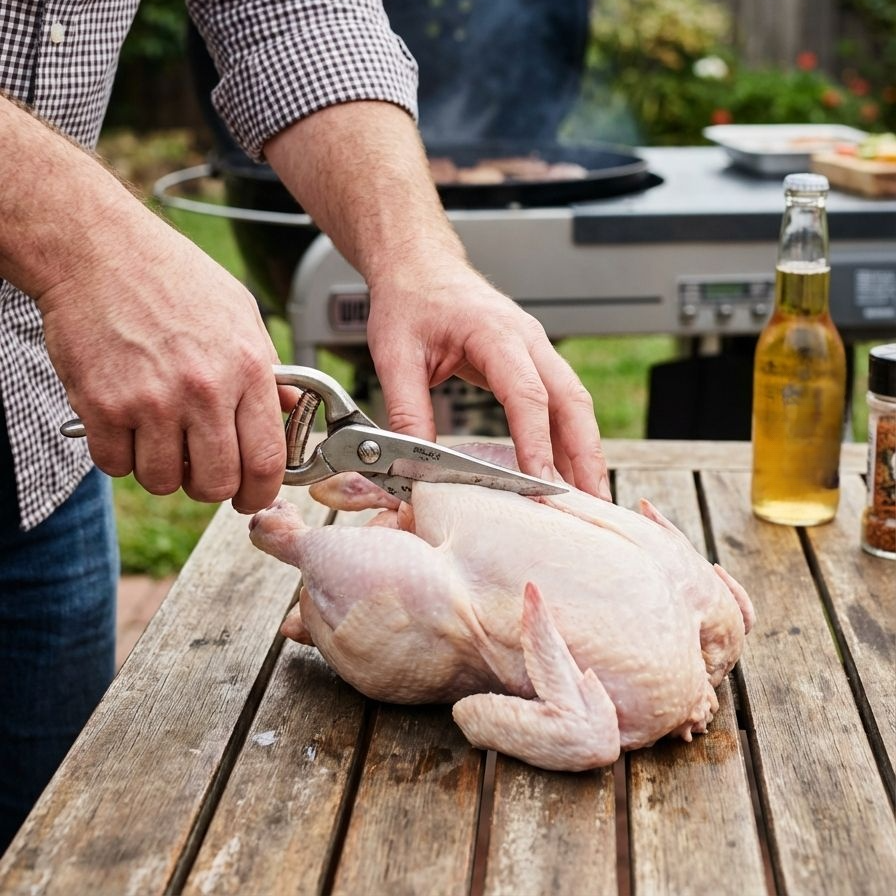 Multipurpose kitchen scissors slicing through chicken bones