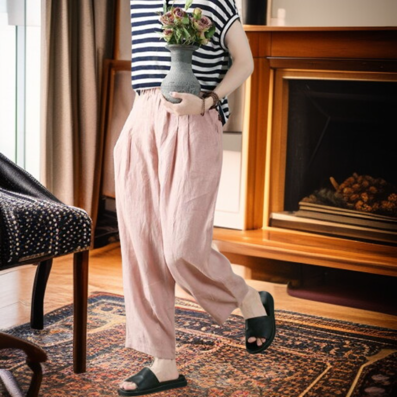 핀턱 린넨 빈티지 와이드 슬림핏 핑크 캐주얼 바지 여 여름 얇은 면 마 하이웨스트 와이드 9부 바지