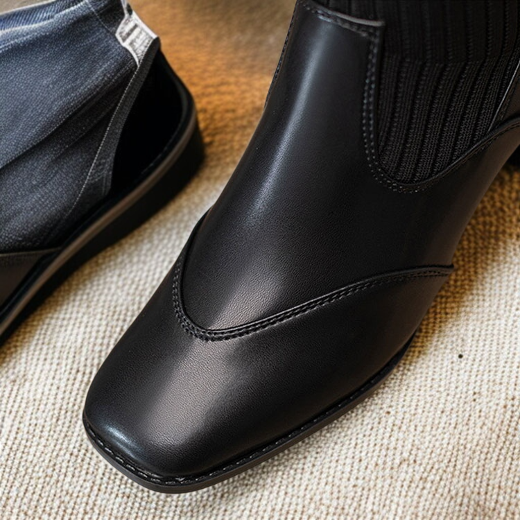 マーティンブーツチェルシーブーツハイレトロチャンキーヒールスキニーブーツブラウンウーンスクエアつま先シングル綿オプションニットストレッチ