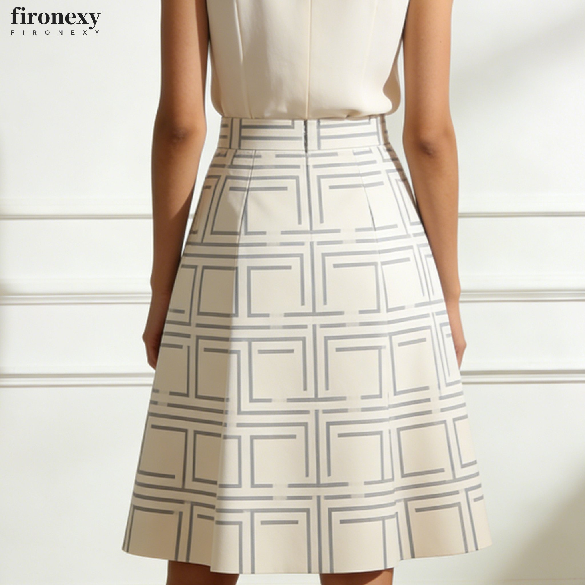 모델이 착용한 기하학적 패턴 미디 스커트
