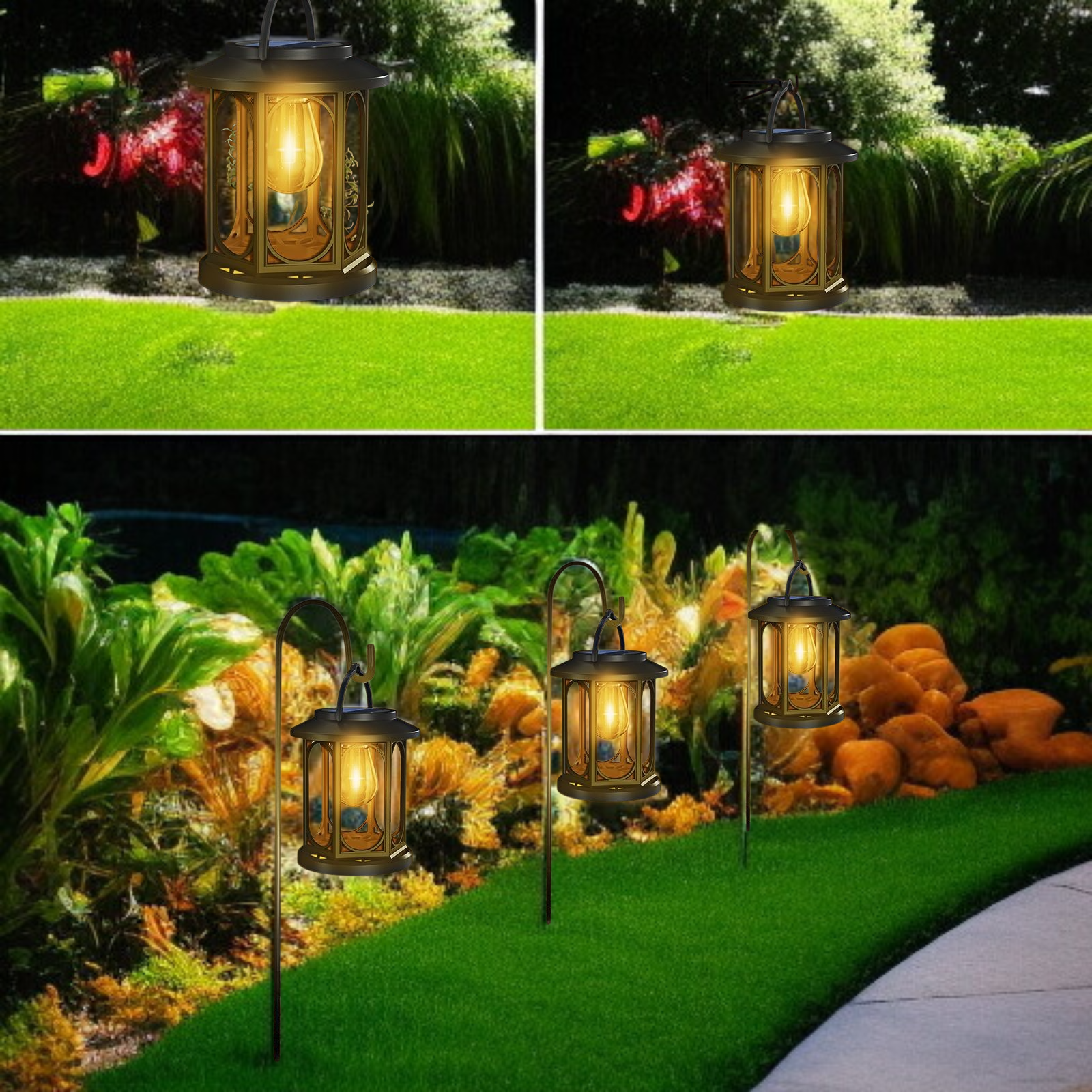 ソーラーガーデンライト レトロデザインランタン 暖色電球 IP65 防水 暖色 吊り下げ式ソーラー装飾ライト タングステンフィラメントランプ ウォールランプ 芝生ランプ 雰囲気ランプ 自動点灯