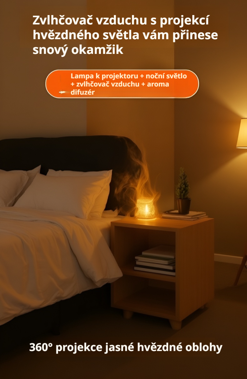 Hvězdný projektor a zvlhčovač vzduchu s duhovým plamenem na nočním stolku