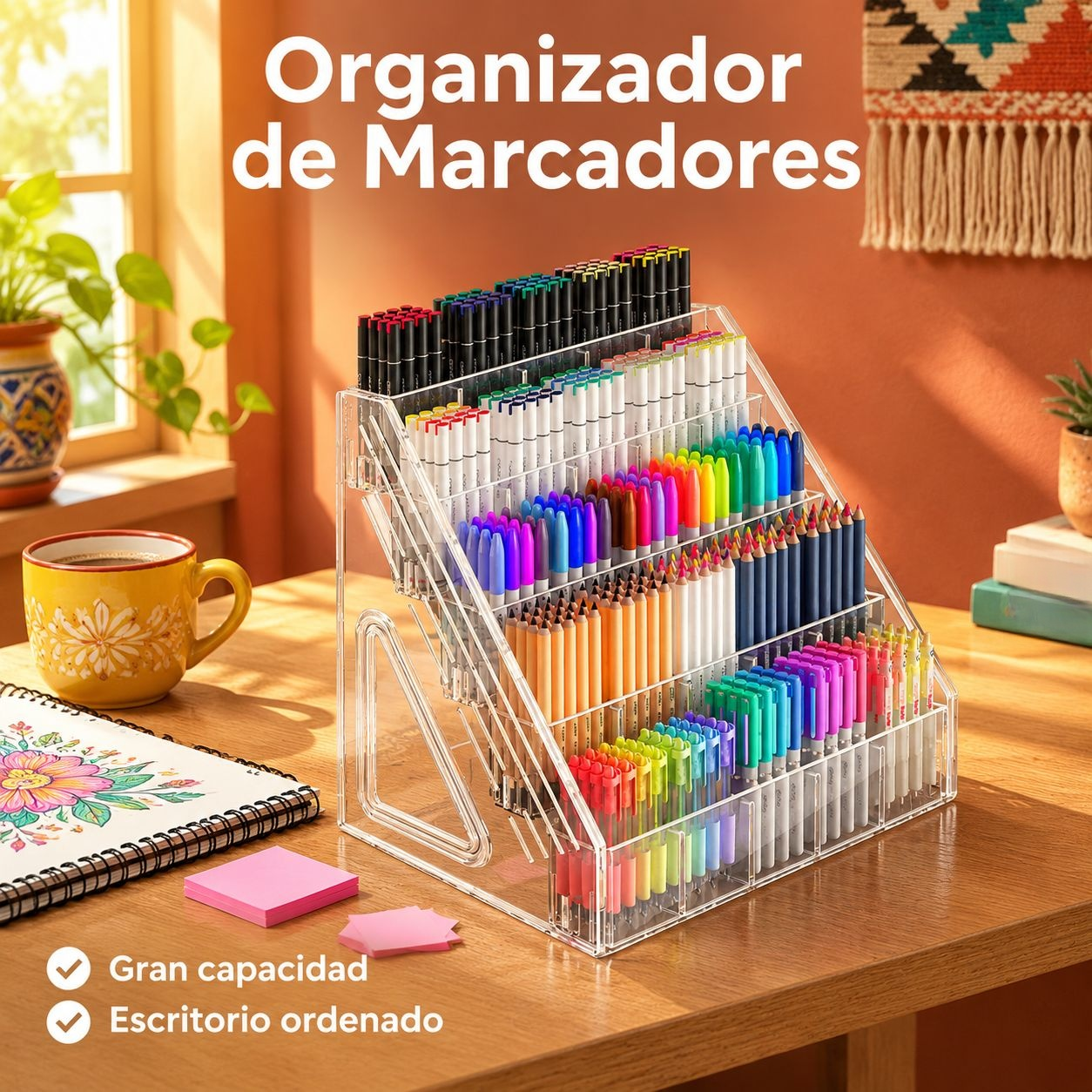 Soporte transparente acrílico con divisiones para almacenar útiles y pinceles