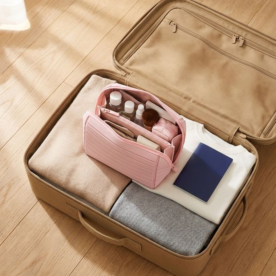 Ordentliche Aufbewahrung von Schönheitsprodukten in der Kulturtasche