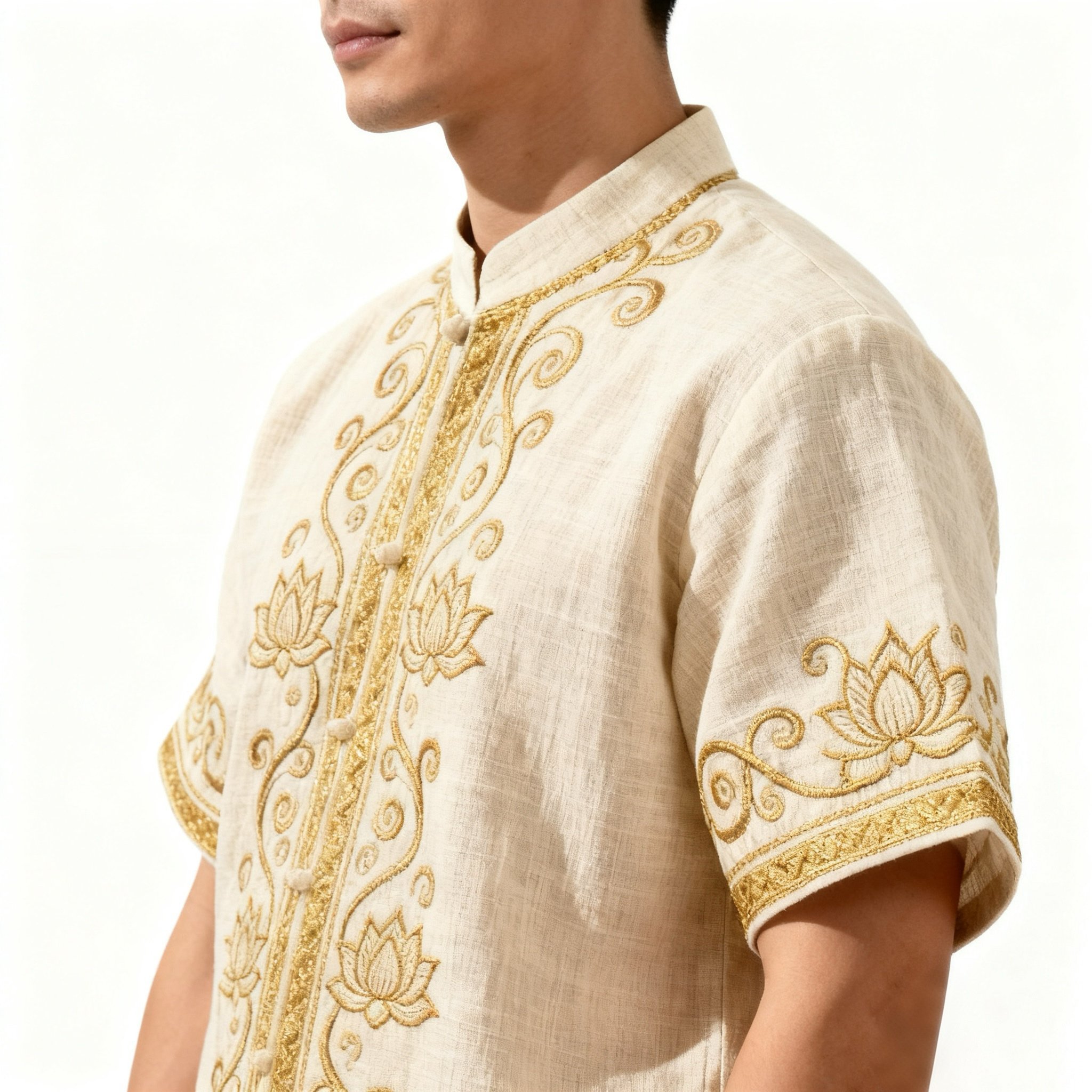 เสื้อยืดปักลายดอกบัวสำหรับผู้ชาย