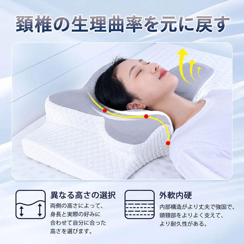 首のカーブにフィットする蝶型設計低反発まくら