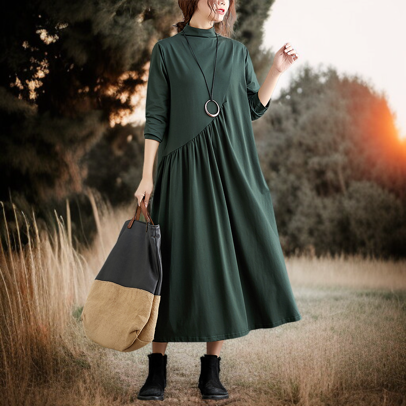 文学的なレトロなルーズコットンドレスレディースドレスハーフハイネックボトムドレスハーフハイネックルーズコットンレディースドレスドレス