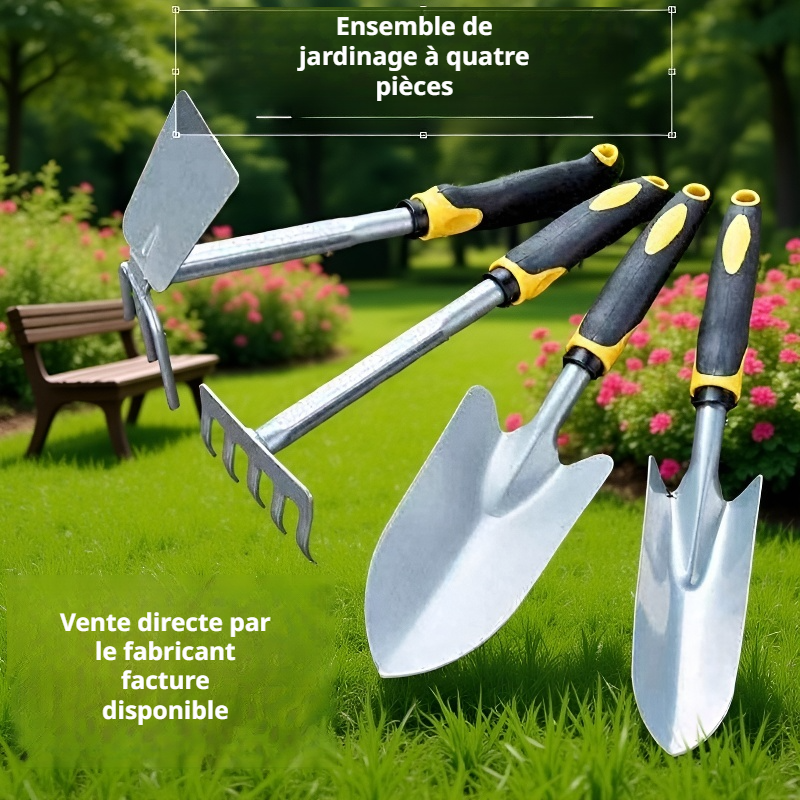 Ensemble de quatre outils de jardinage polyvalents : houe, pelle, pour la plantation d'arbres