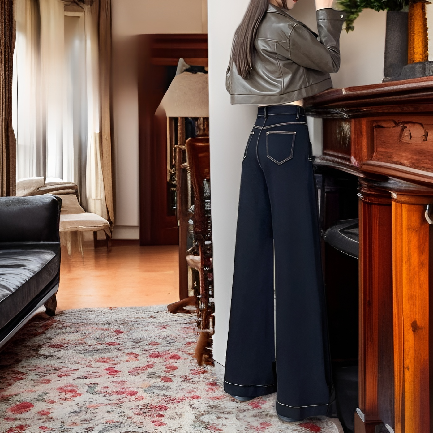 여성 개더 하이 웨스트 와이드 데님