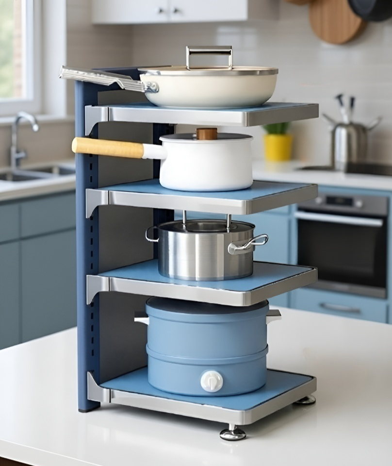 Estante para ollas con utensilios de cocina