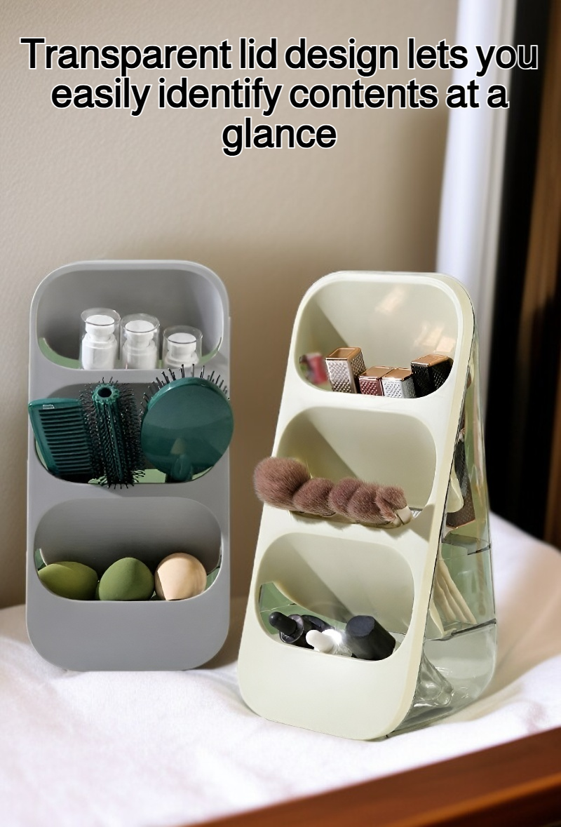 Three-layer compartmentalized storage box front view