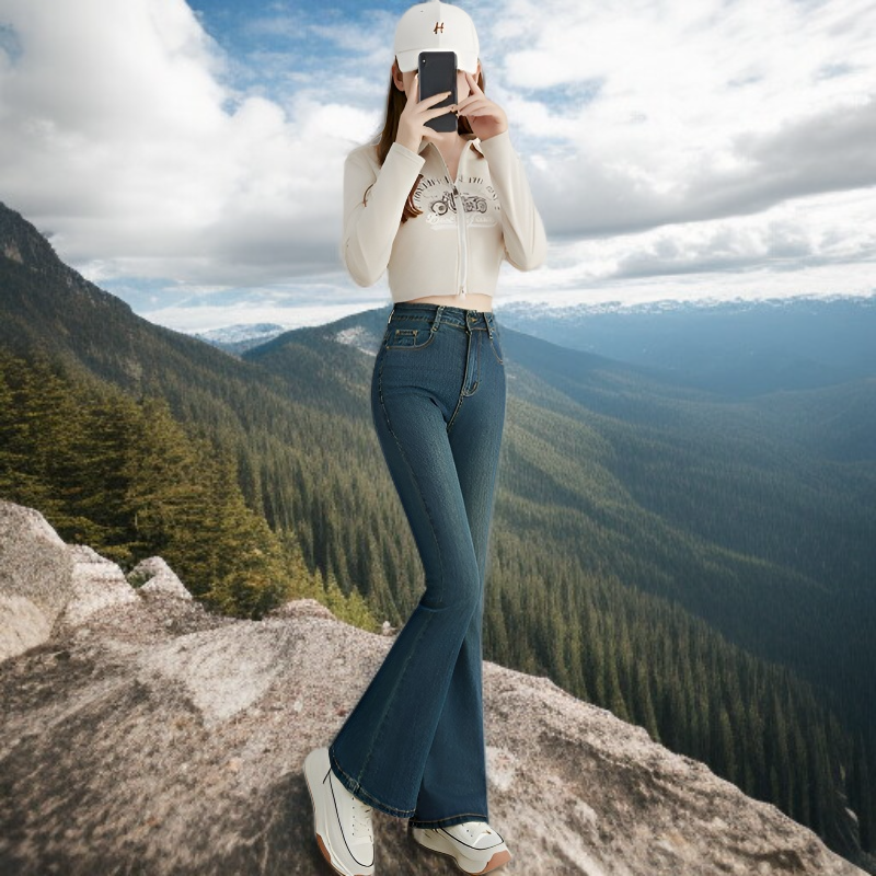 小さめハイウエストワイドジーンズ女性春春スリム細めマイクロフレアワイドパンツ