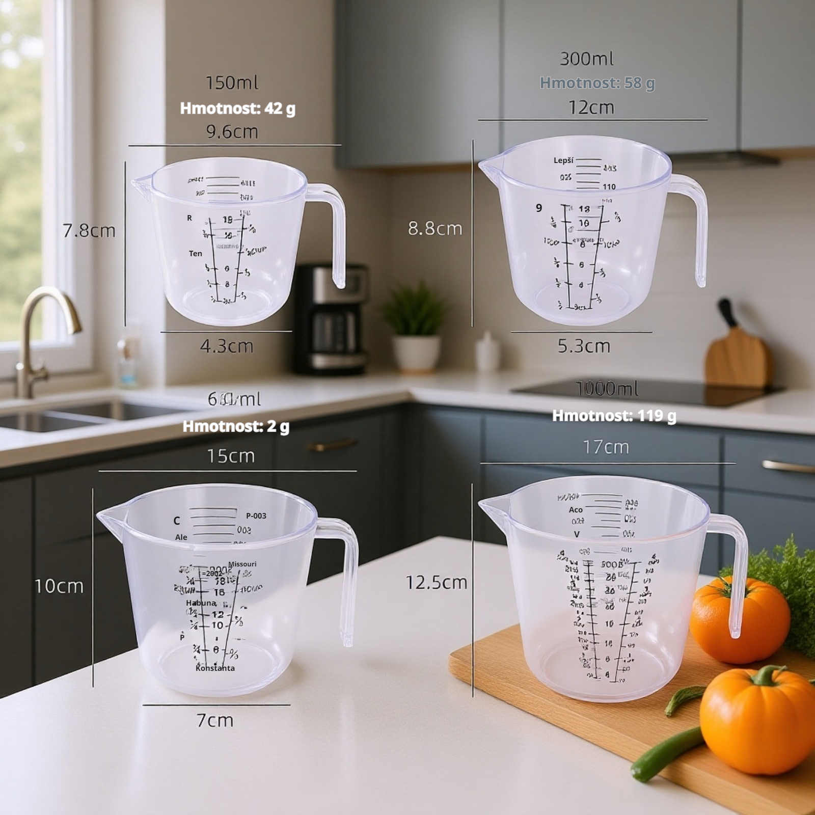 Průhledný plastový odměrný pohárek s měřítkem