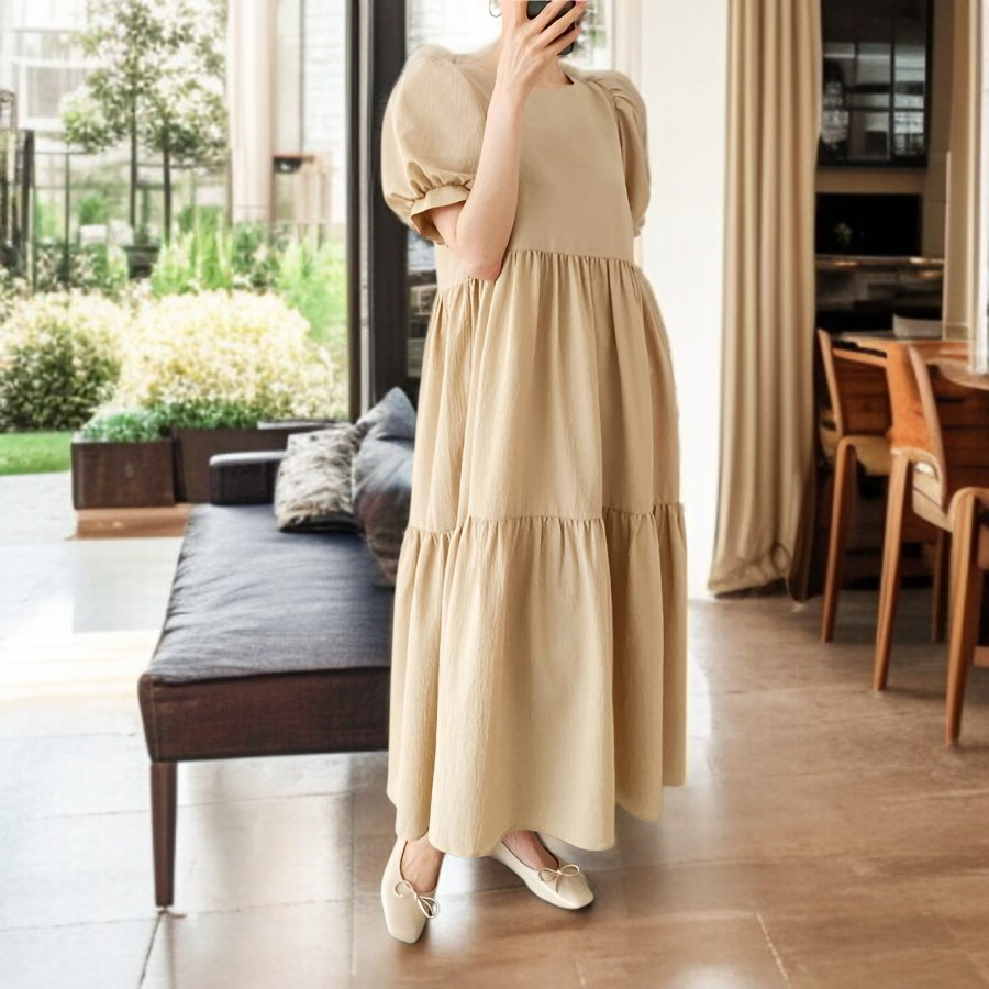 박시 롱 원피스 퍼프 소매 박시 원피스 롱 박시 퍼프 소매 박시 원피스