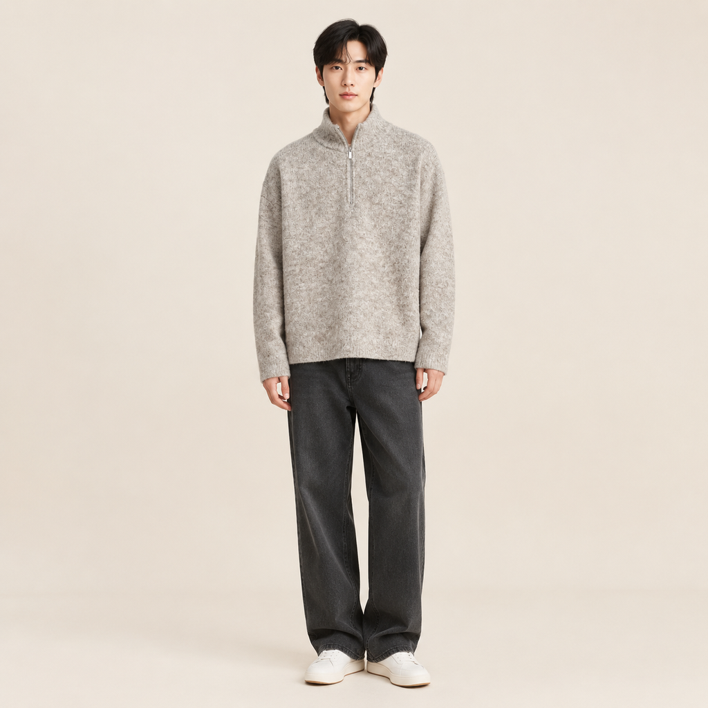 일본식 레트로 반집업 하이넥 니트 가을겨울