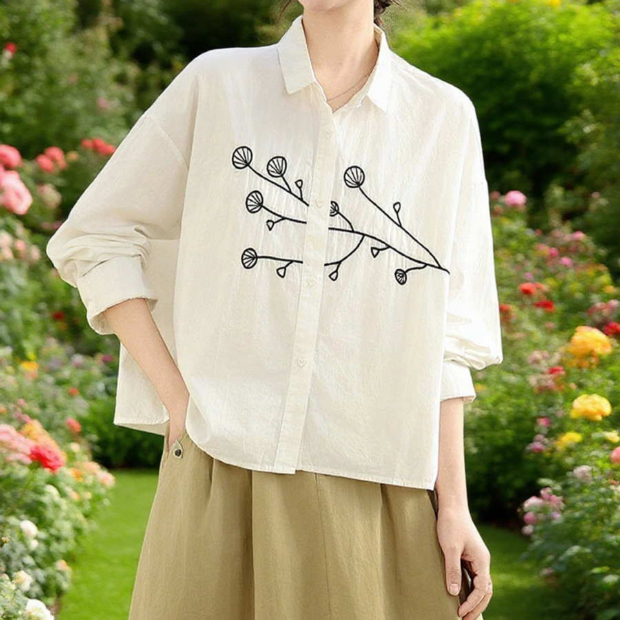 트렌디한 라지 자수 순면 긴팔 셔츠