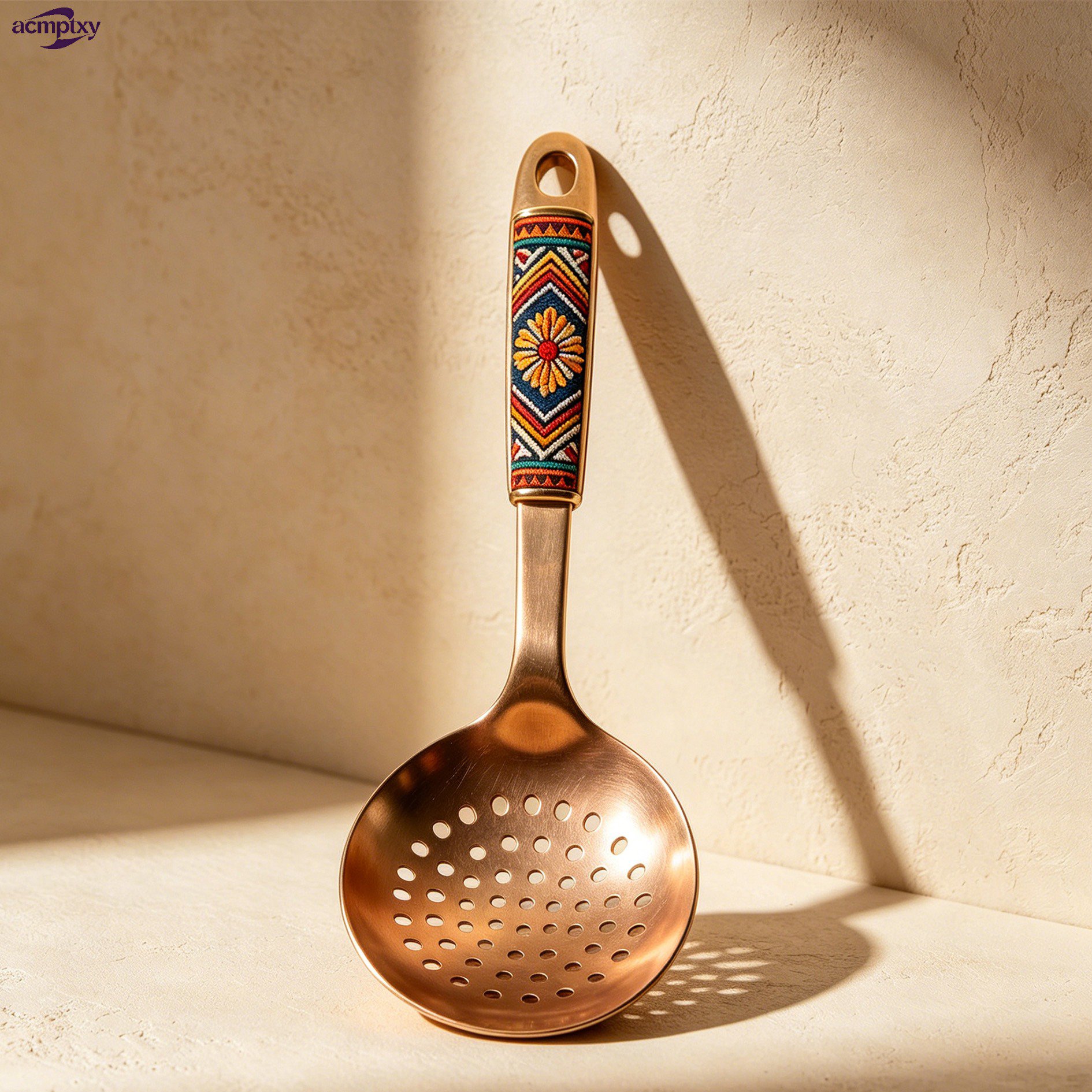 Cuchara coladora chapada en oro con diseño de bloques de color de estilo retro