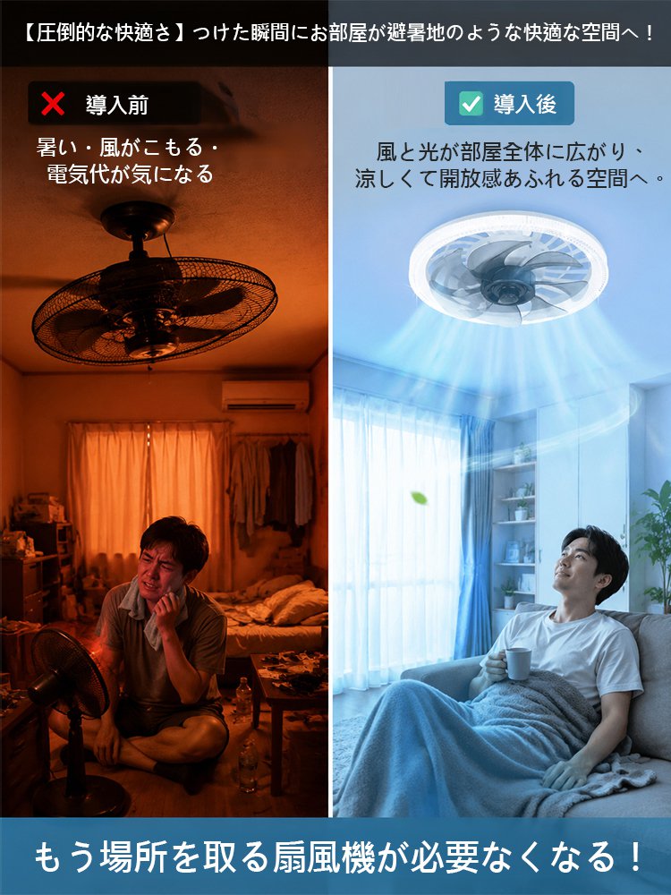 【静音・風量調節可能】2in1シーリングファンライト