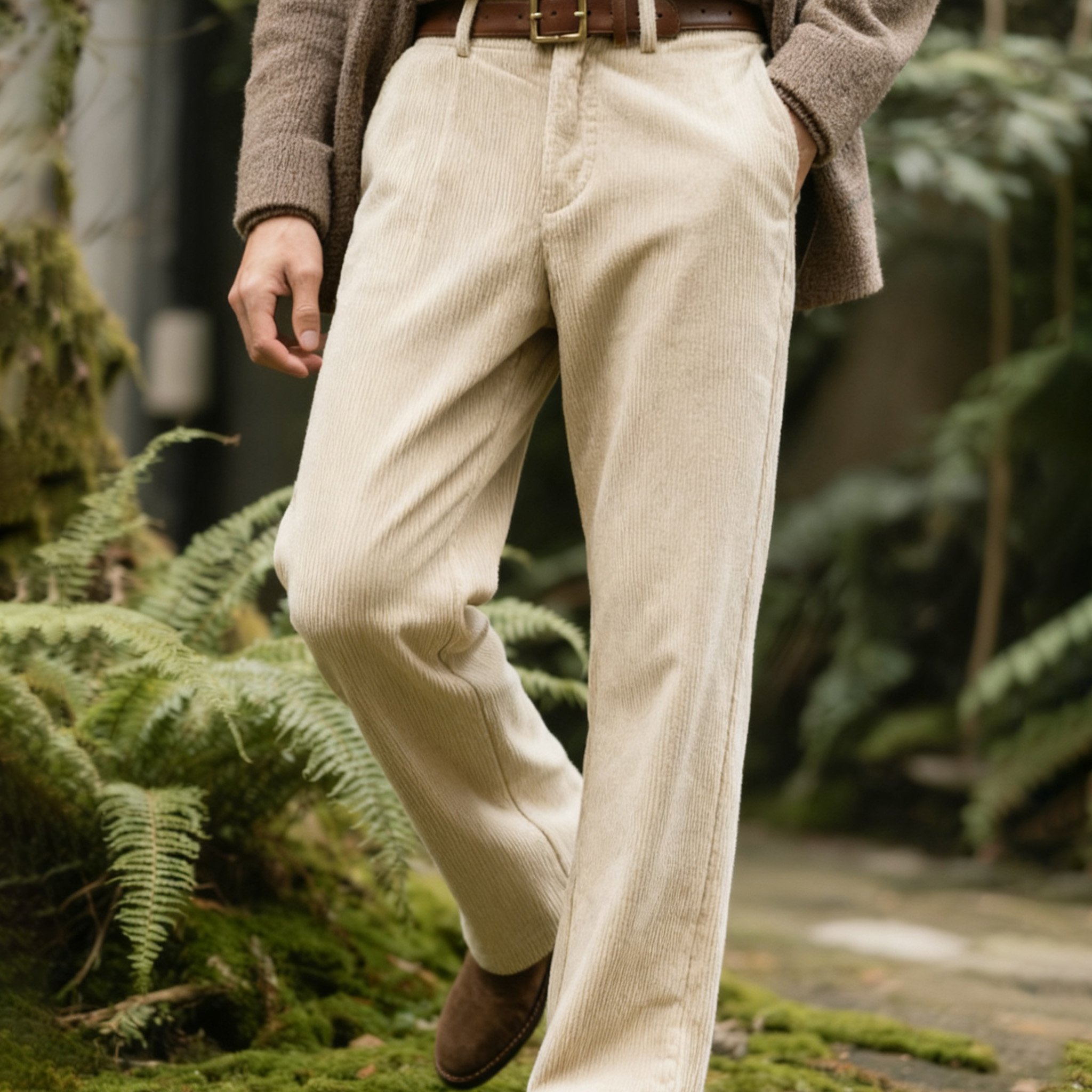 남성용 빈티지 베이지 코듀로이 팬츠 전체 이미지