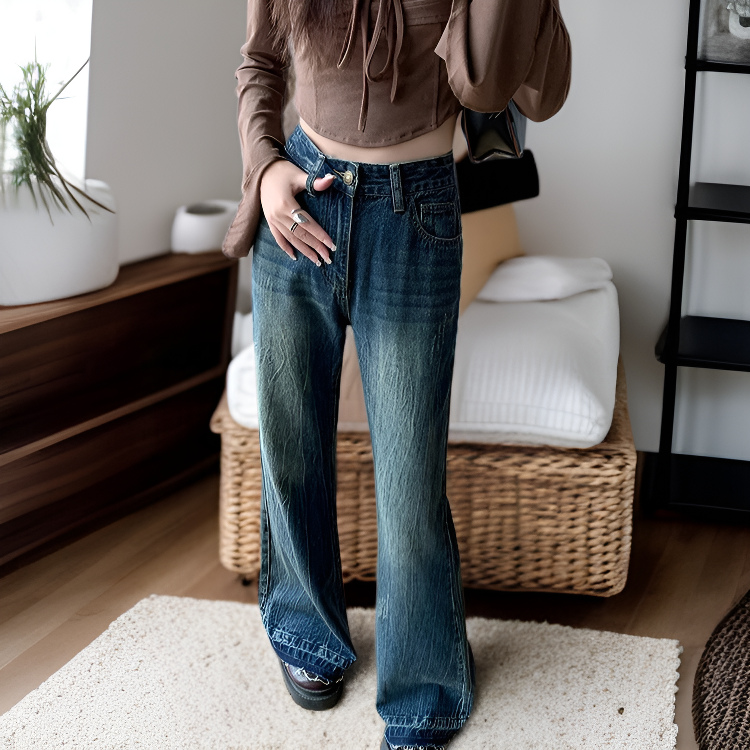レディースファッションハイウエストワイドデニムパンツ