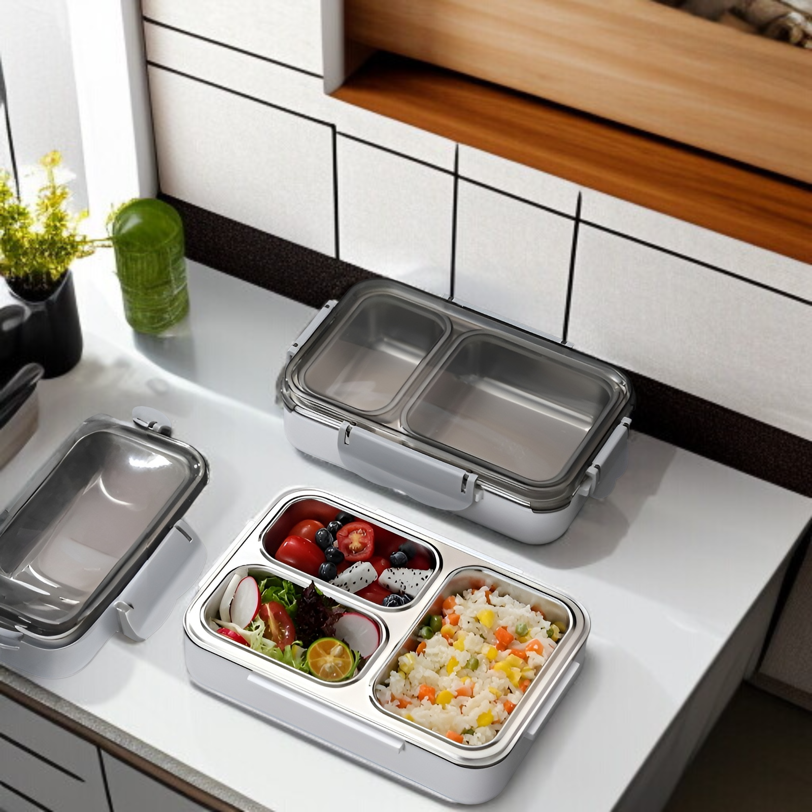 Geruchsneutrale Lunchbox aus Edelstahl 304 mit versiegeltem Deckel und getrennten Fächern