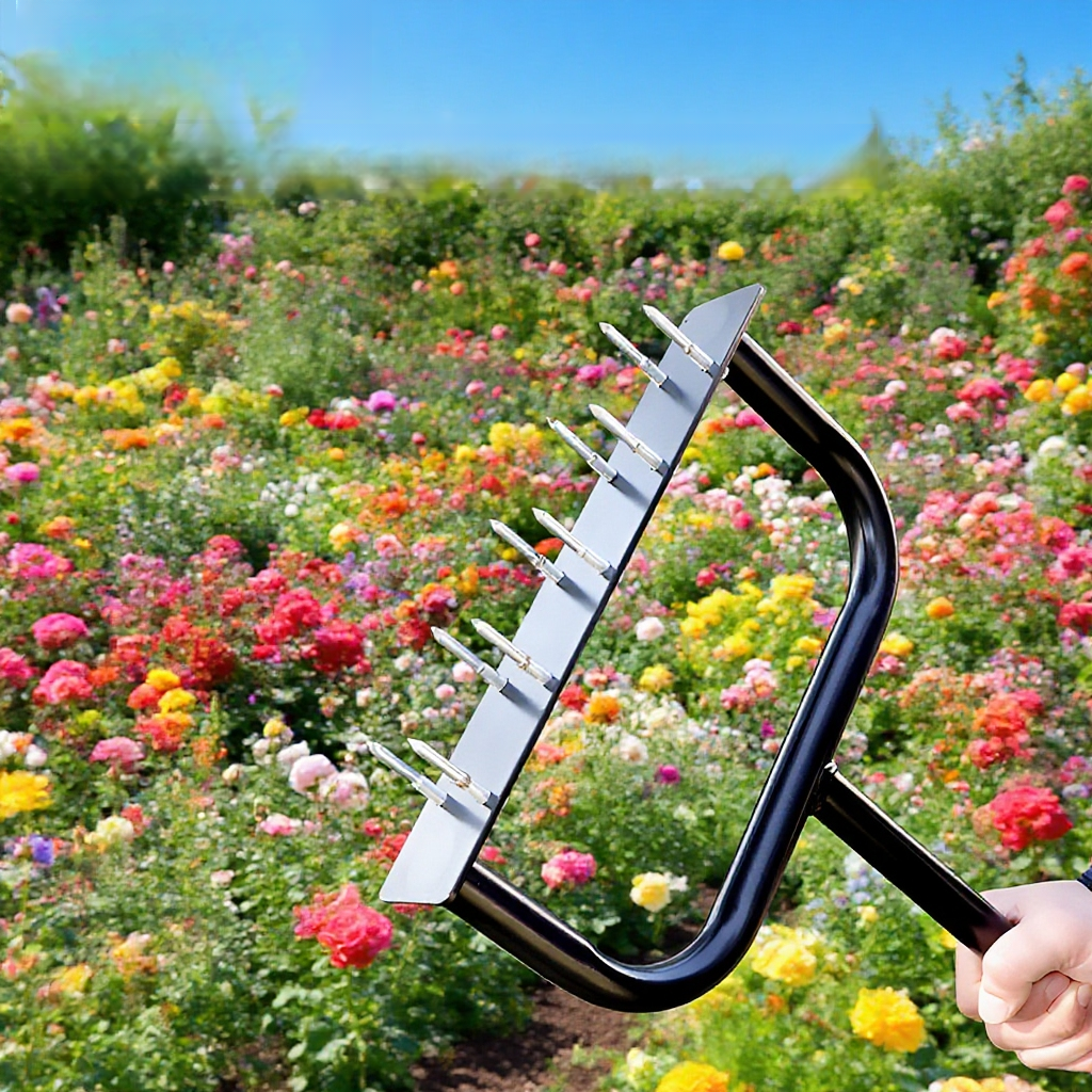 Gardener using soil loosening device in vegetable bed