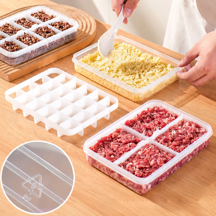 冷蔵庫用の仕切り付き取り外し可能な食品保存容器。冷凍肉やみじん切りニンニクの小分けに最適で、素早く簡単に食品を準備できます。
