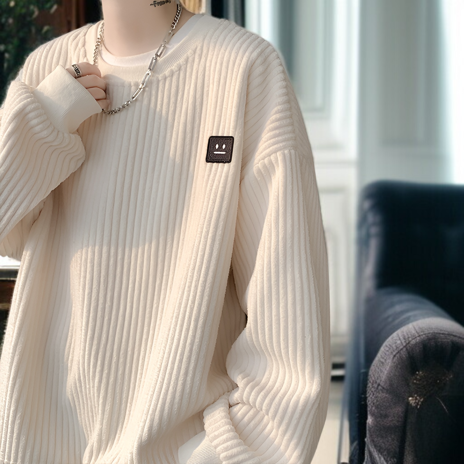 新しいメンズカジュアルスウェットシャツ 和風コーデュロイ ラウンドネック スウェットシャツ プラスベルベット 厚手スウェットシャツ メンズジャケット