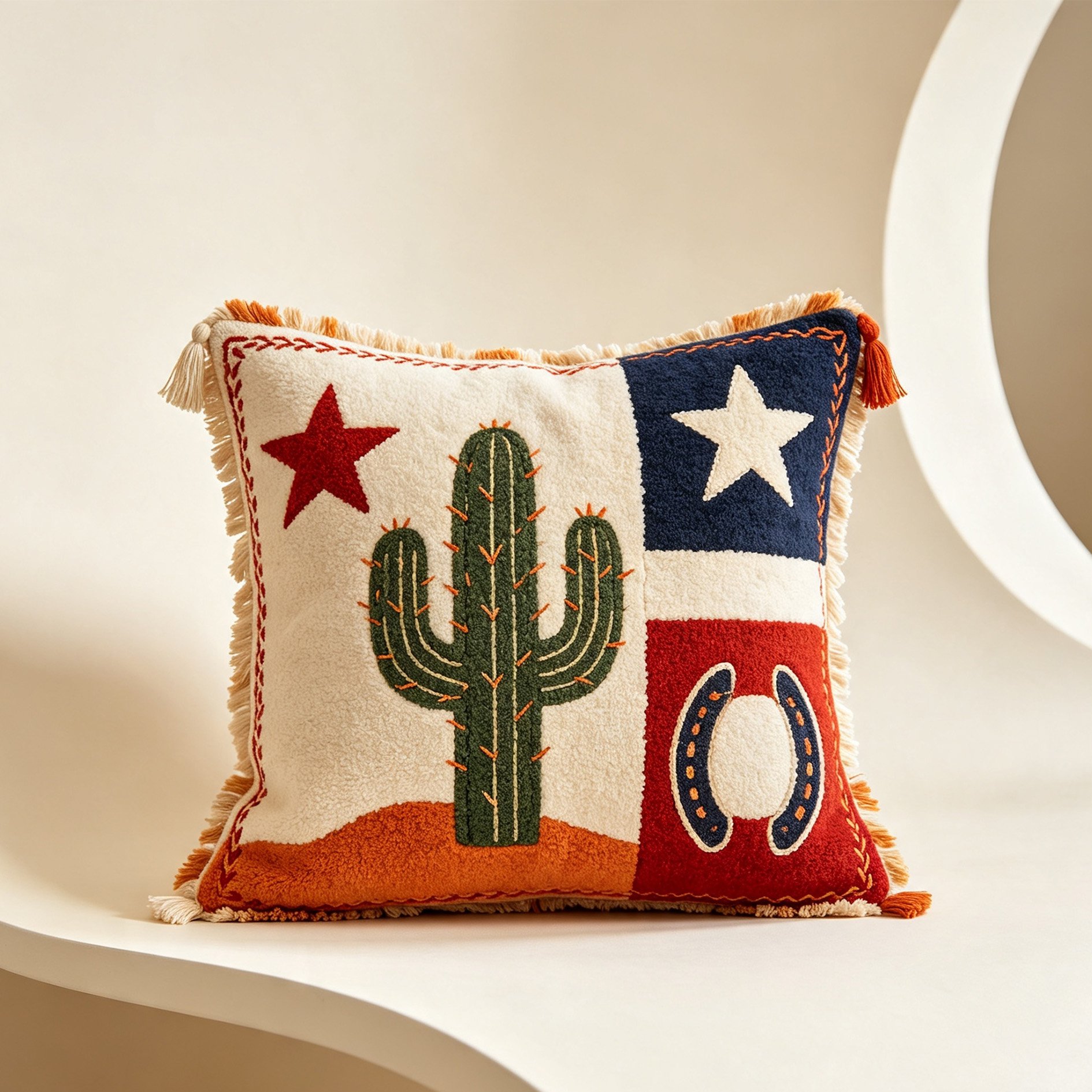 Western Cactus Horseshoe Embroidered Pillow on sofa