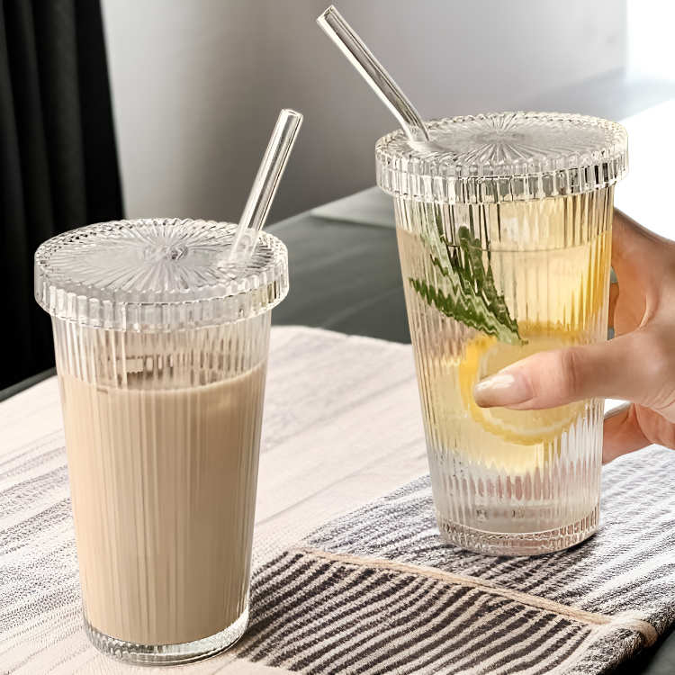 時尚帶蓋吸管豎條紋水杯奶咖飲品杯